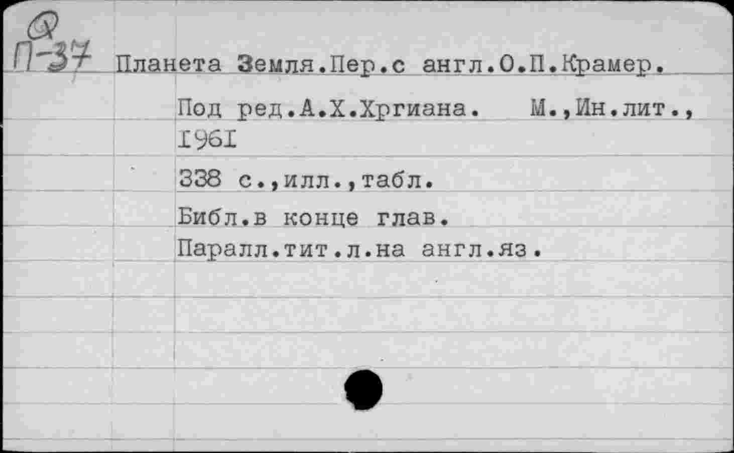 ﻿б?. Л-31	—ч Планета Земля.Пер.с англ.О.П.Крамер.
	Под ред.А.Х.Хргиана.	М.,Ин.лит.,
	1961
	338 с.,илл.,табл.
	Библ.в конце глав.
	Паралл.тит.л.на англ.яз.
	
	
	
	
	